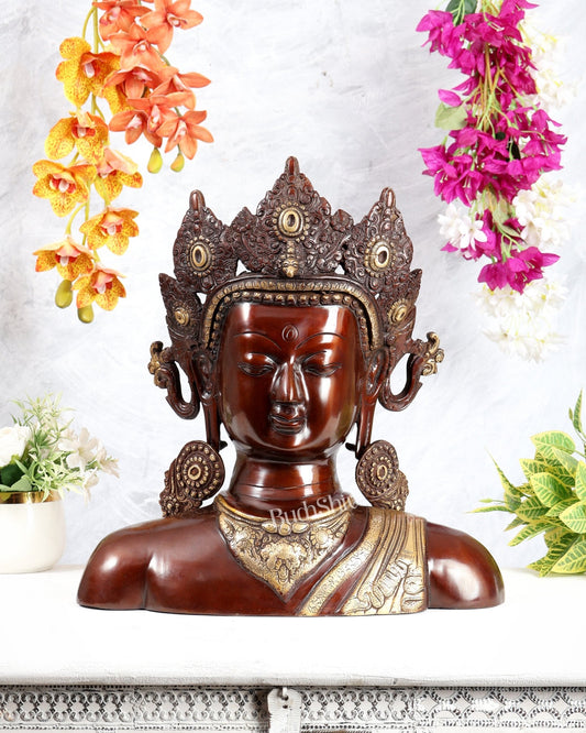 Brass Buddha Face Statue | Dual Tone Tabletop Décor | 17.5 Inch - Budhshiv.com