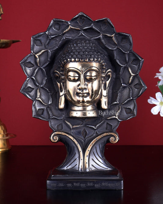 Brass Buddha Face Table Decor Showpiece | Antique Finish | 9.5 Inch Brass Buddha Sculpture black finish - Budhshiv.com