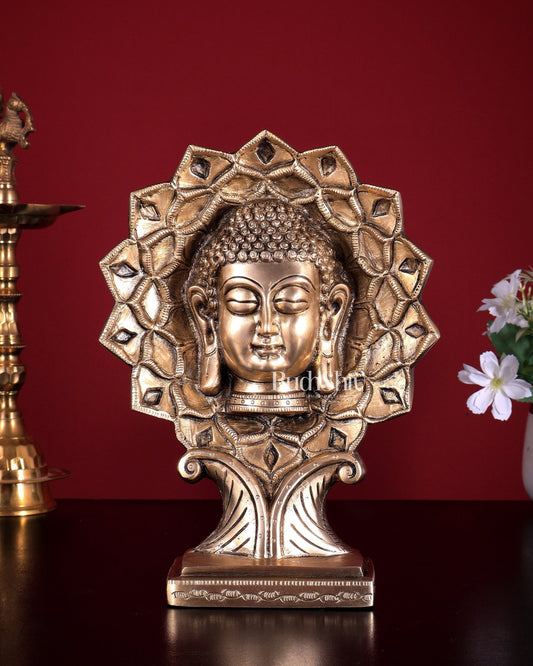 Brass Buddha Face Table Decor Showpiece | Antique Finish | 9.5 Inch Brass Buddha Sculpture - Budhshiv.com