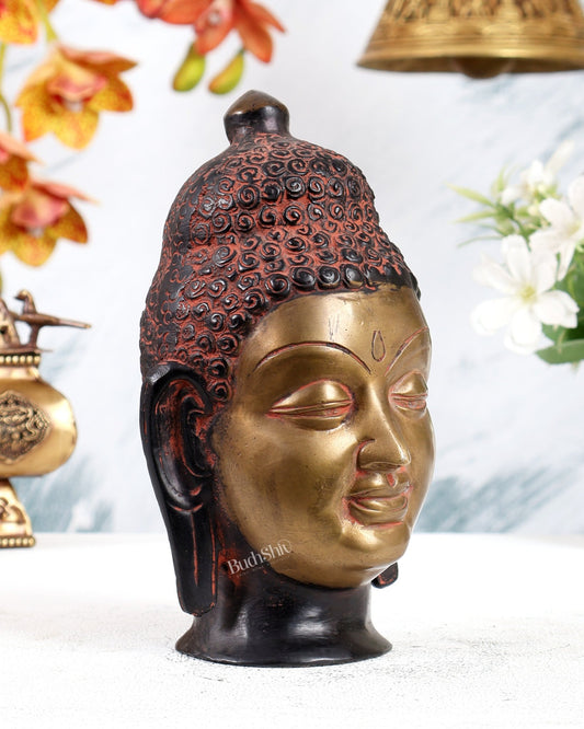 Brass Buddha Head Face Showpiece – Vintage Sand Finish Decorative Sculpture (7 Inches) - Budhshiv.com