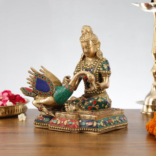 Brass Buddha Healing the Swan Statue | Meenakari Art | 9" Height - Budhshiv.com