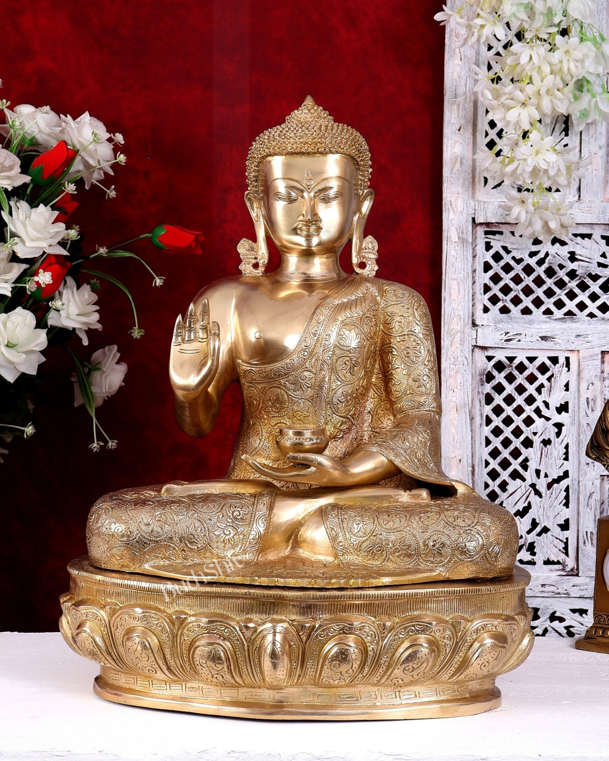 Brass Buddha Idol 22 inch lacquer gold finish - Budhshiv.com