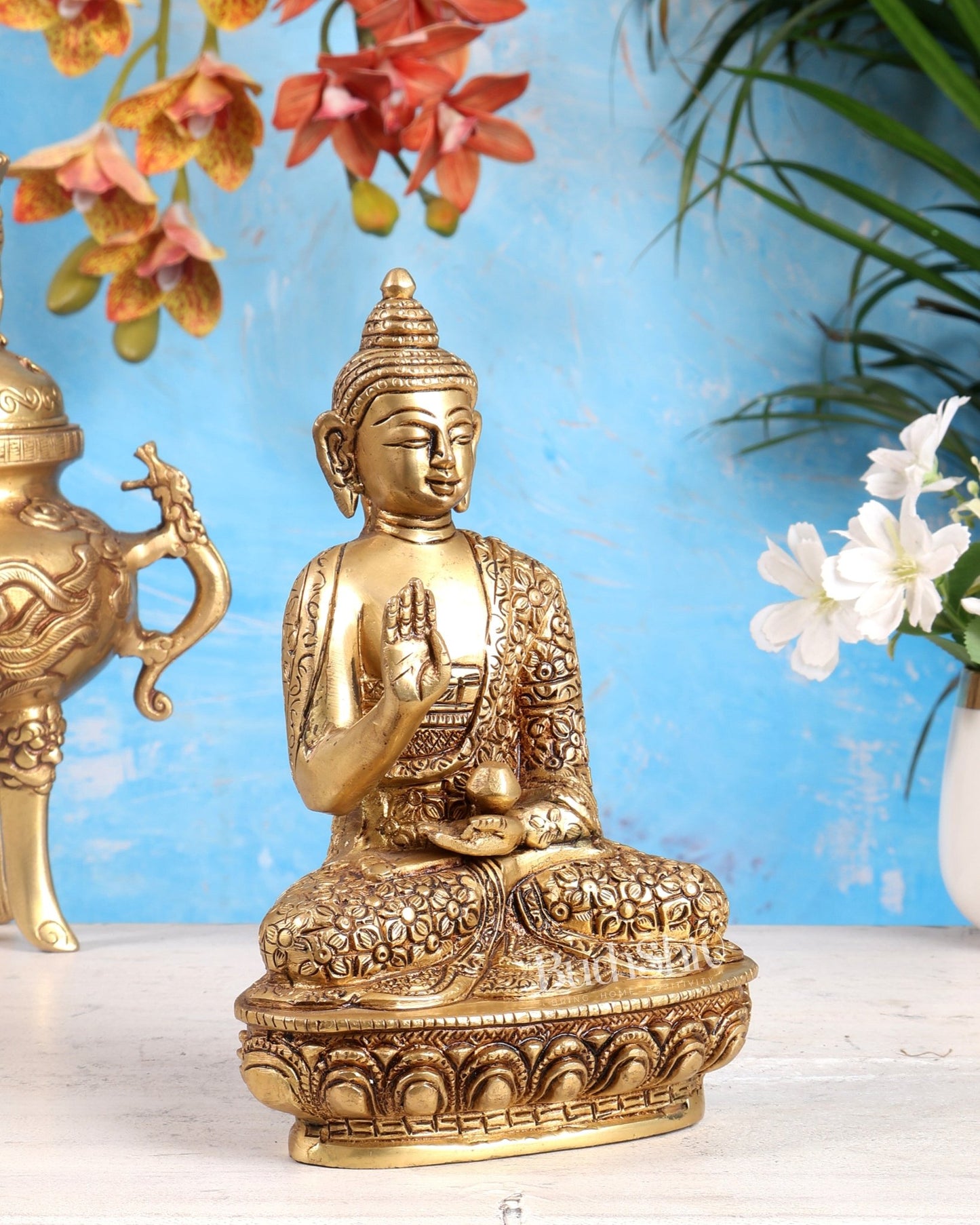 Brass Buddha Idol in Abhaya Mudra – 8" - Budhshiv.com
