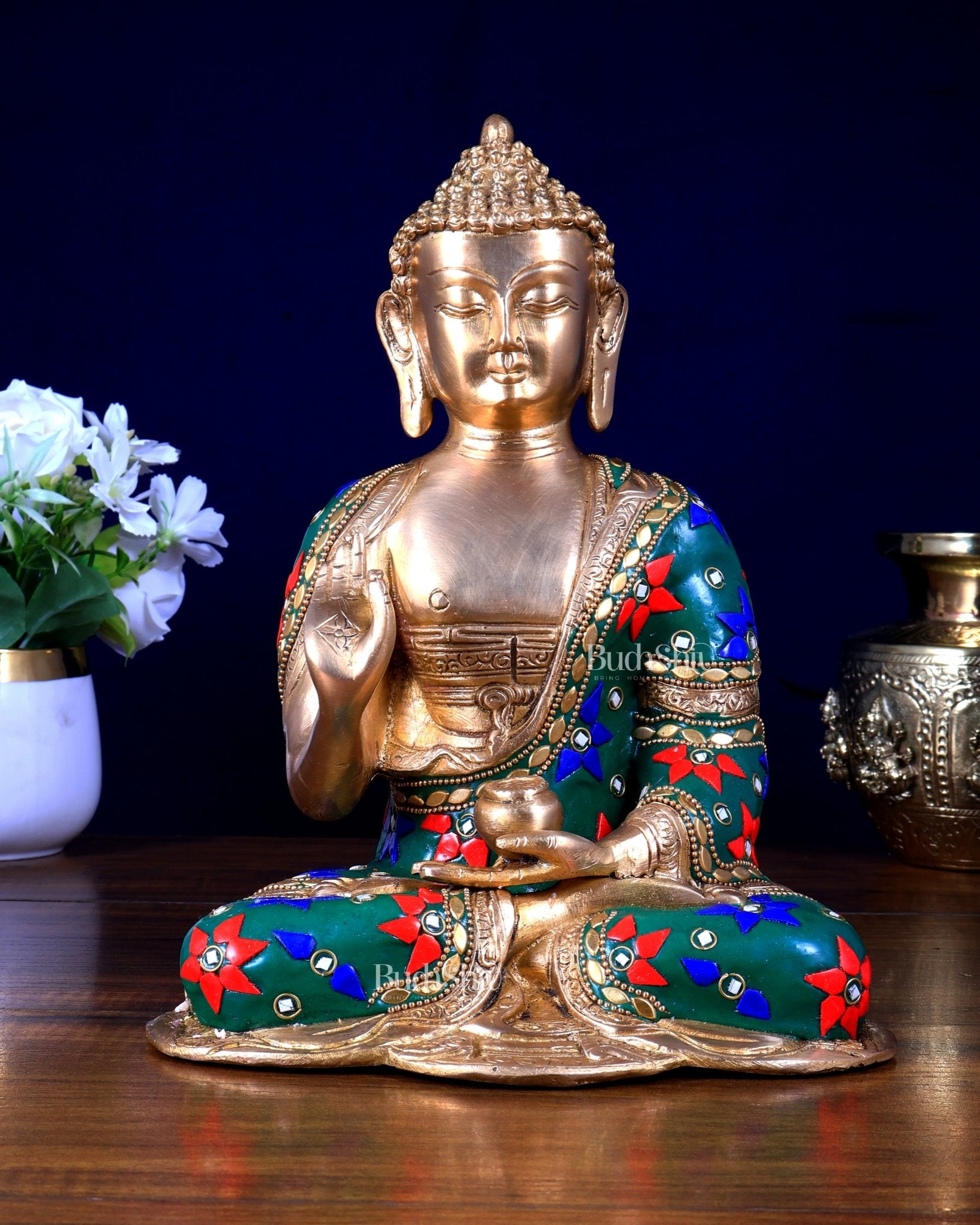 Brass Buddha Idol with Abhaya Mudra - 10 Inch meenakari - Budhshiv.com