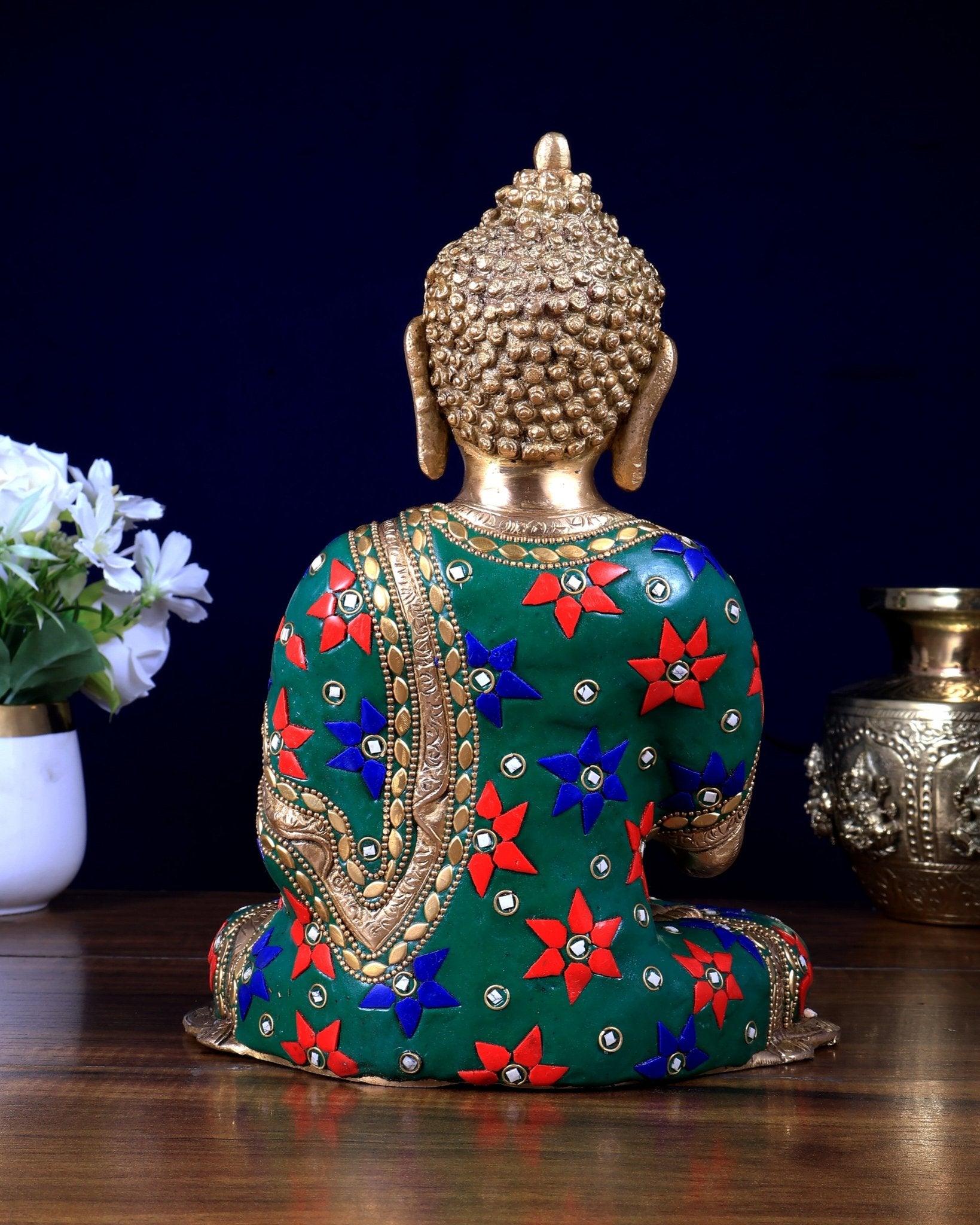 Brass Buddha Idol with Abhaya Mudra - 10 Inch meenakari - Budhshiv.com