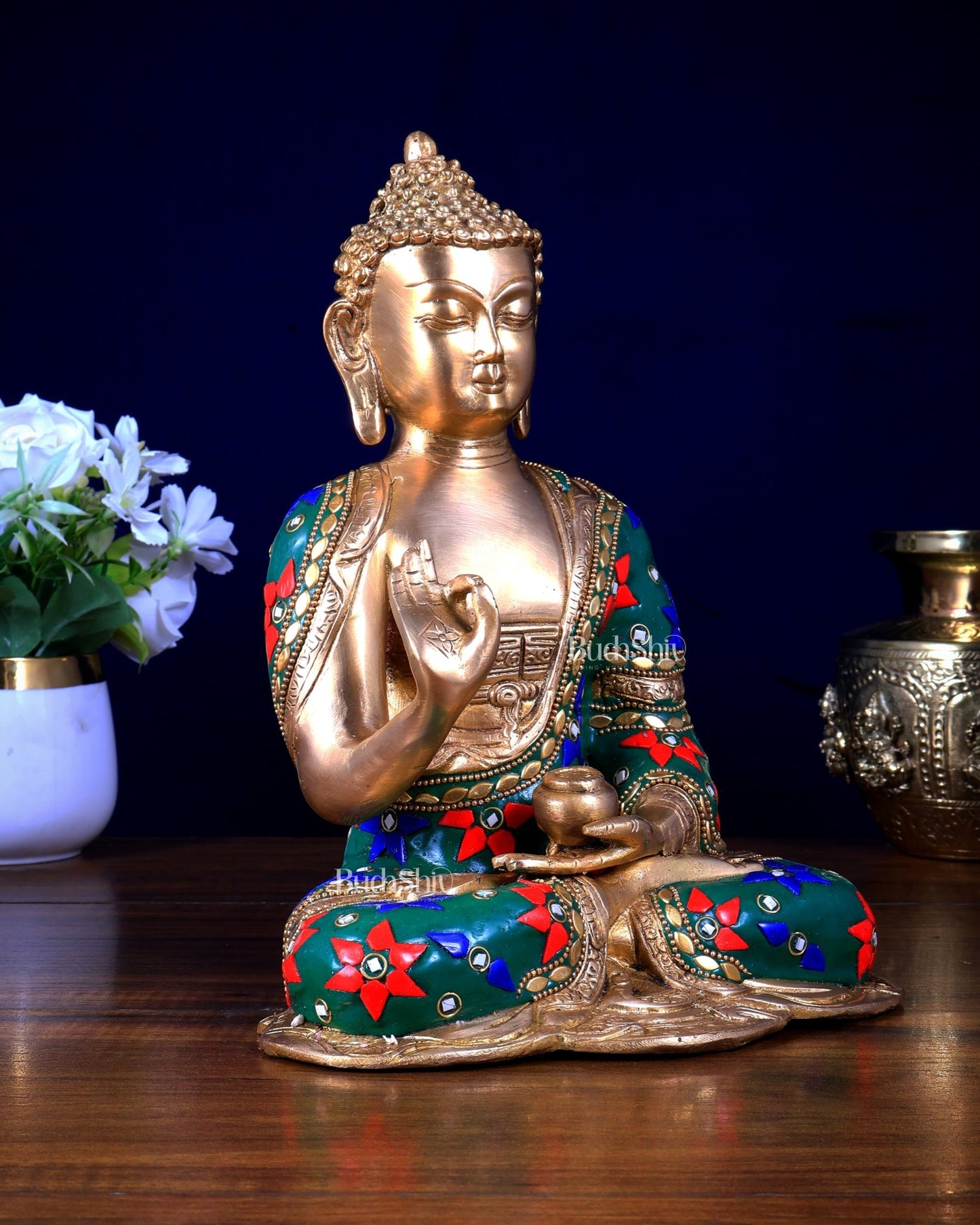 Brass Buddha Idol with Abhaya Mudra - 10 Inch meenakari - Budhshiv.com