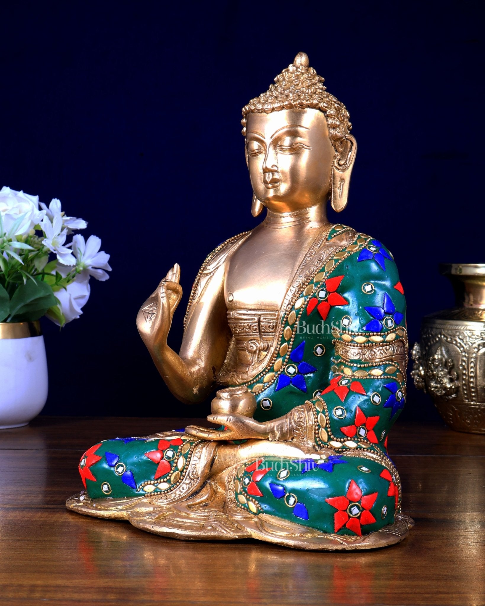 Brass Buddha Idol with Abhaya Mudra - 10 Inch meenakari - Budhshiv.com