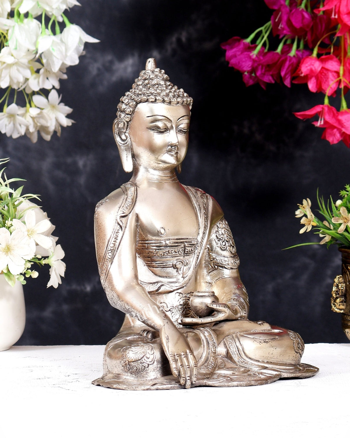 Brass Buddha Idol with Abhaya Mudra - 10 Inch silver plated - Budhshiv.com