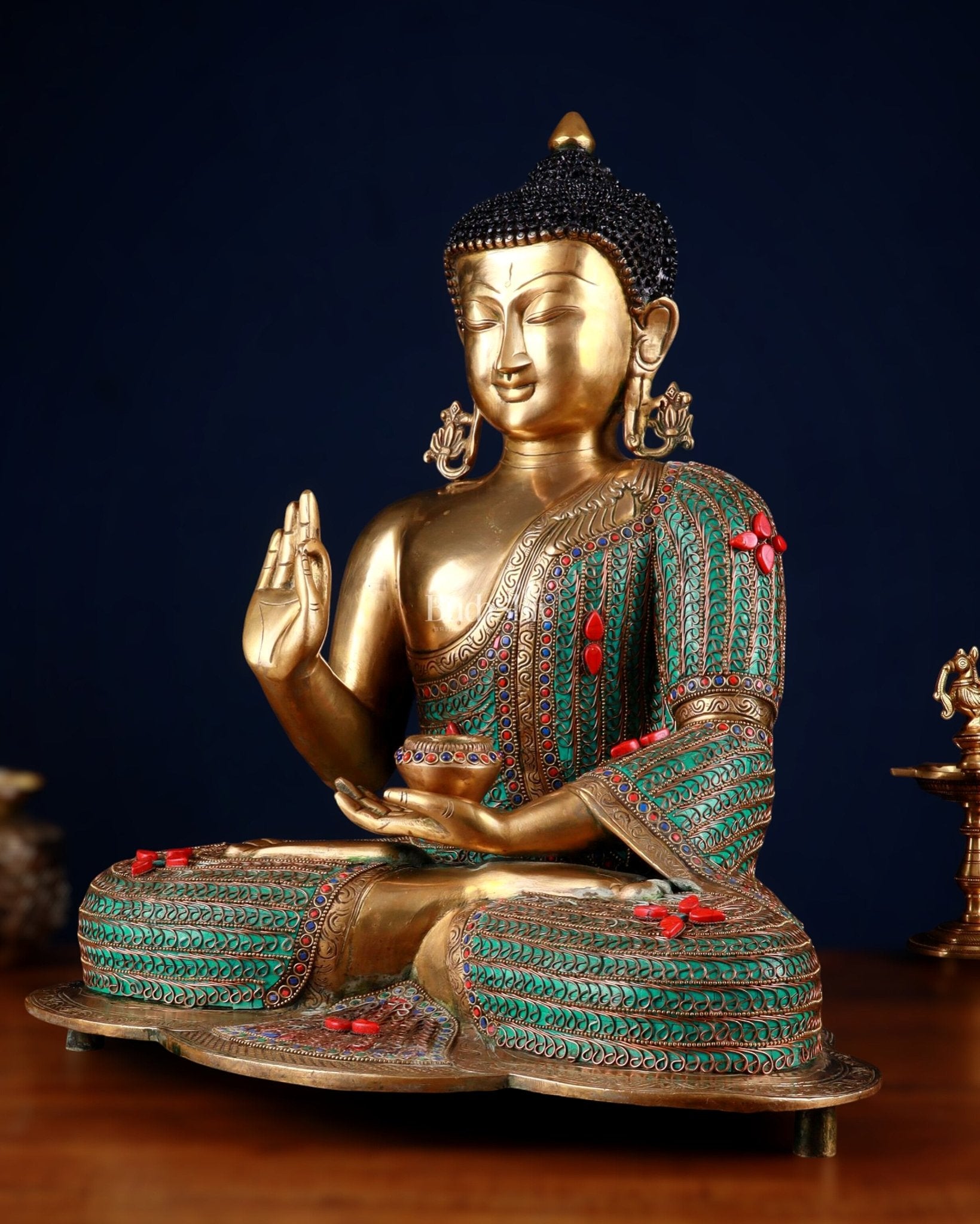 Brass Buddha Idol with Copper Wire Meenakari Work & Black Hair – 20" - Budhshiv.com