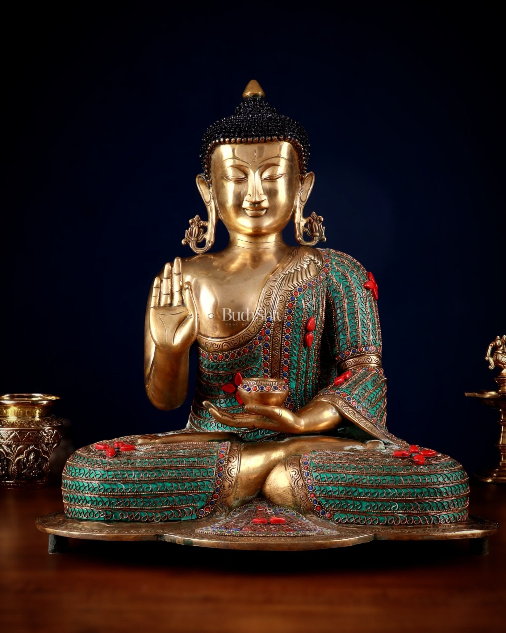 Brass Buddha Idol with Copper Wire Meenakari Work & Black Hair – 20" - Budhshiv.com