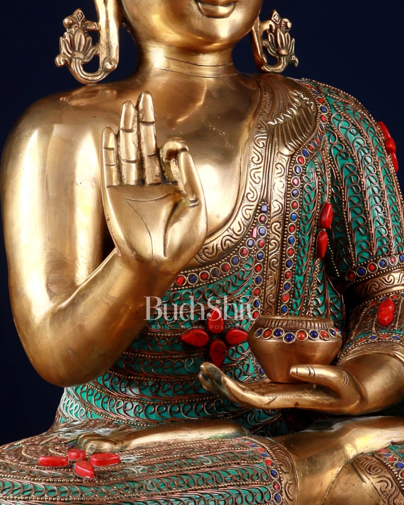 Brass Buddha Idol with Copper Wire Meenakari Work & Black Hair – 20" - Budhshiv.com
