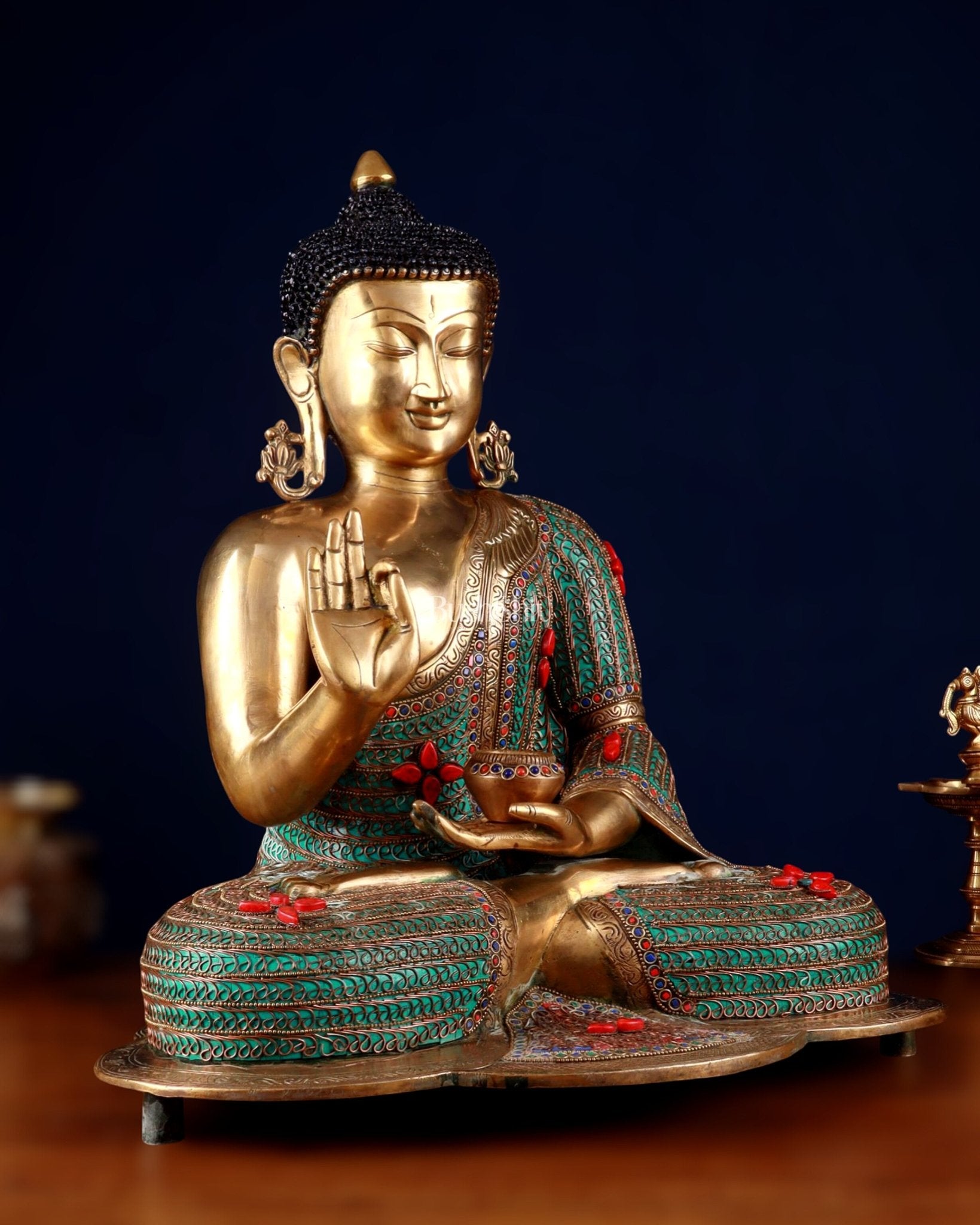 Brass Buddha Idol with Copper Wire Meenakari Work & Black Hair – 20" - Budhshiv.com