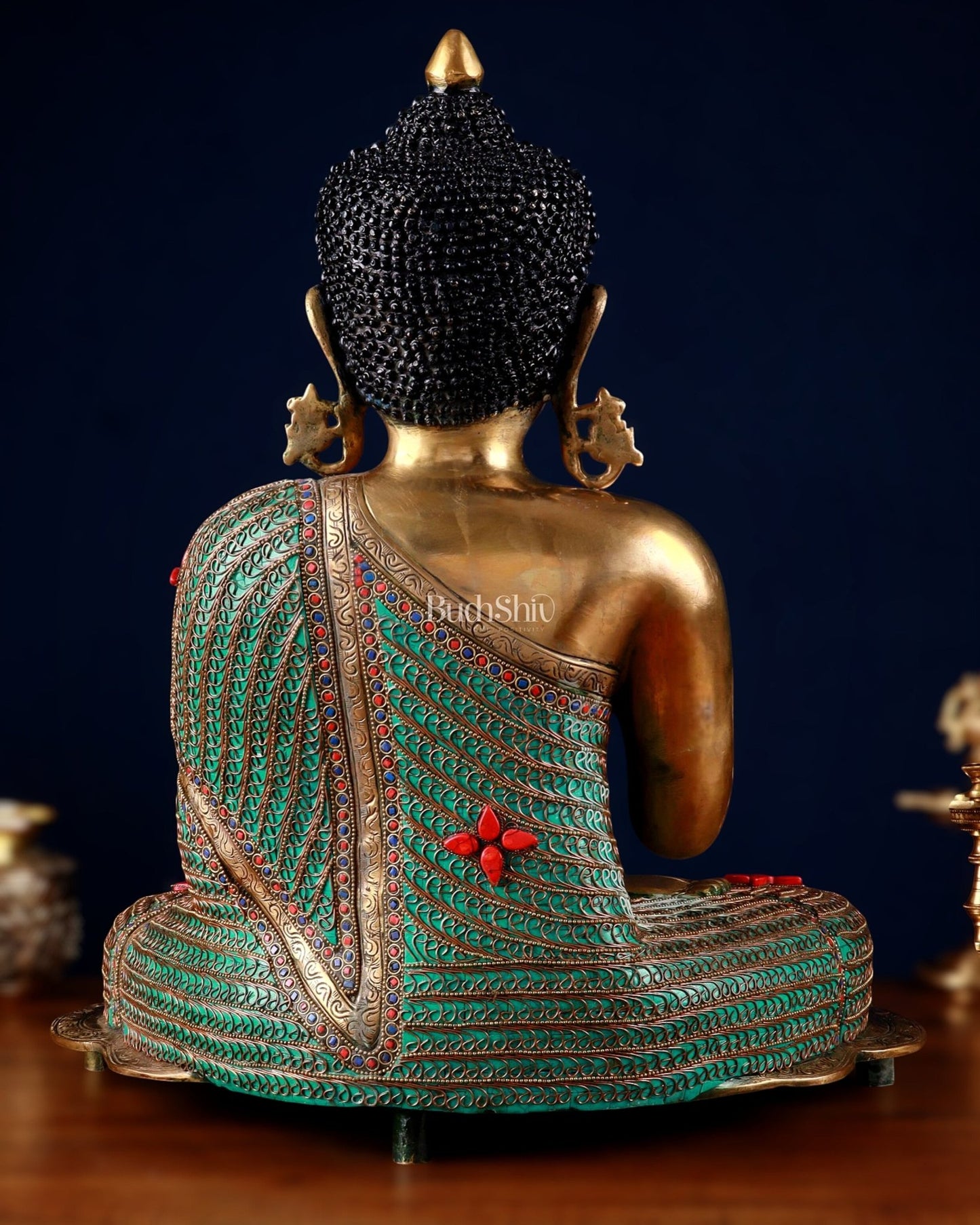 Brass Buddha Idol with Copper Wire Meenakari Work & Black Hair – 20" - Budhshiv.com