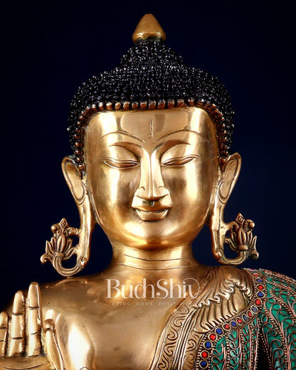 Brass Buddha Idol with Copper Wire Meenakari Work & Black Hair – 20" - Budhshiv.com