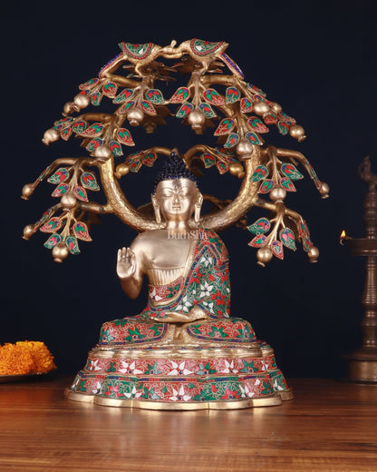 Brass Buddha Sitting Under Tree Statue – Adorned with Natural Stones, 21 Inch - Budhshiv.com