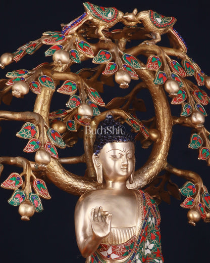 Brass Buddha Sitting Under Tree Statue – Adorned with Natural Stones, 21 Inch - Budhshiv.com