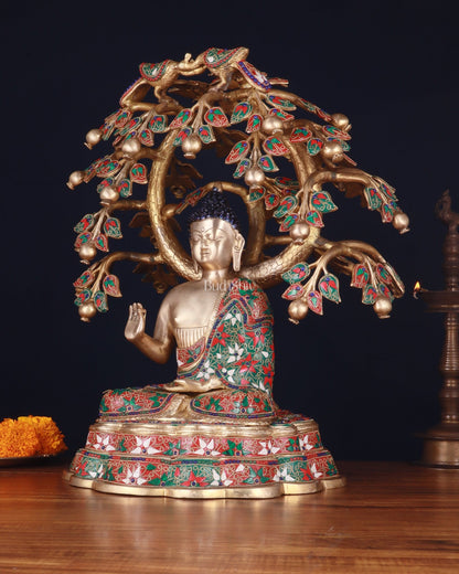 Brass Buddha Sitting Under Tree Statue – Adorned with Natural Stones, 21 Inch - Budhshiv.com