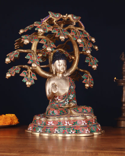 Brass Buddha Sitting Under Tree Statue – Adorned with Natural Stones, 21 Inch - Budhshiv.com