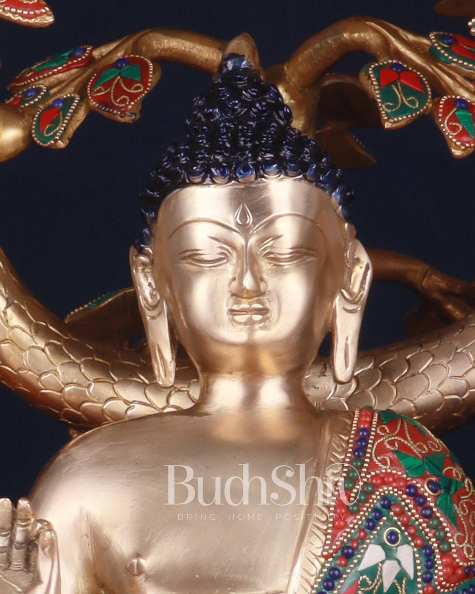 Brass Buddha Sitting Under Tree Statue – Adorned with Natural Stones, 21 Inch - Budhshiv.com