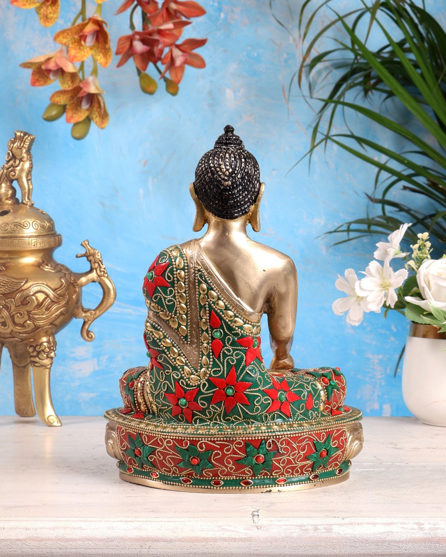 Brass Buddha statue - 9.5 Inch with meenakari - Budhshiv.com