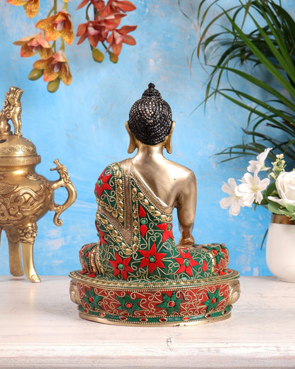 Brass Buddha statue - 9.5 Inch with meenakari - Budhshiv.com
