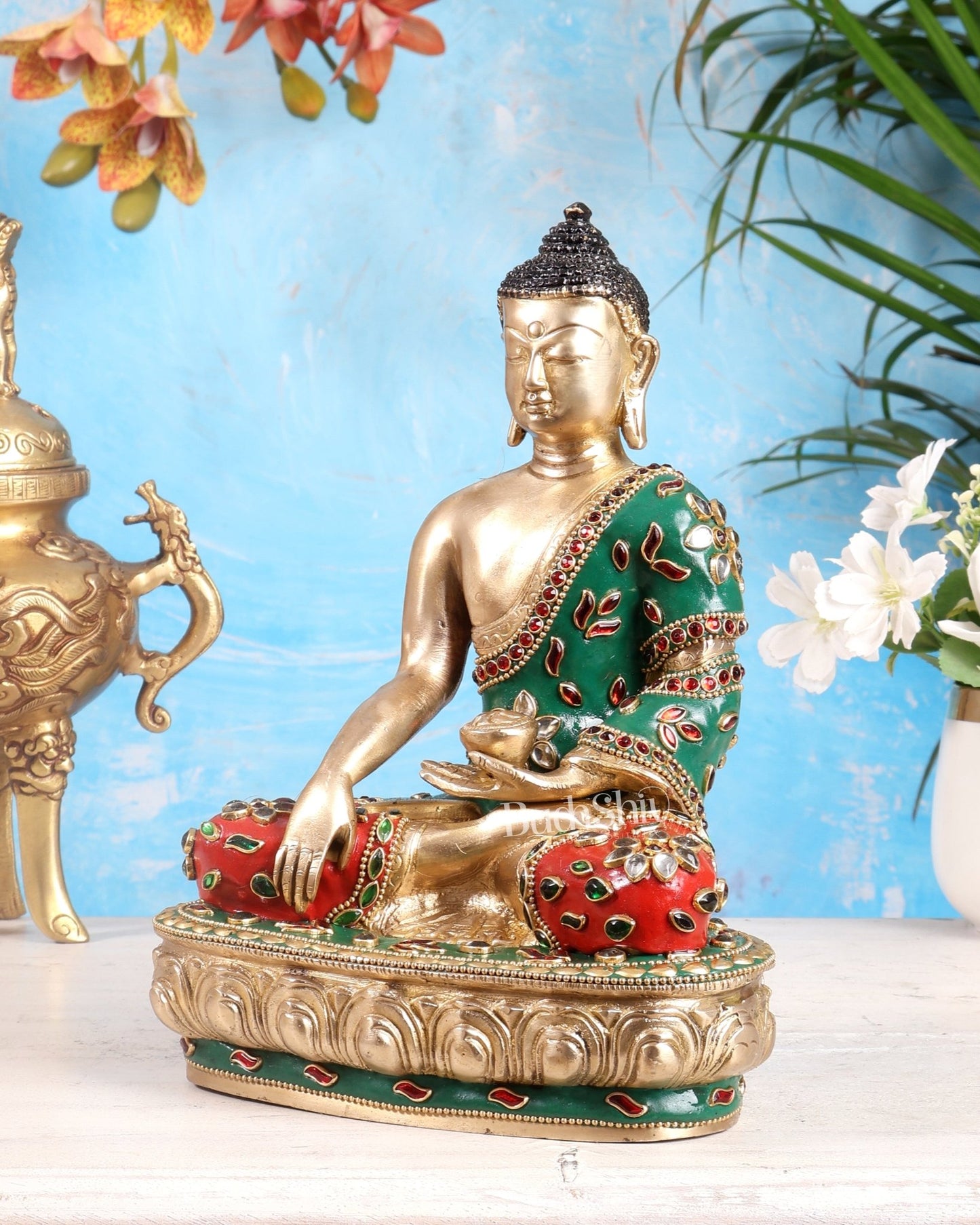 Brass Buddha statue - 9.5 Inch with meenakari - Budhshiv.com