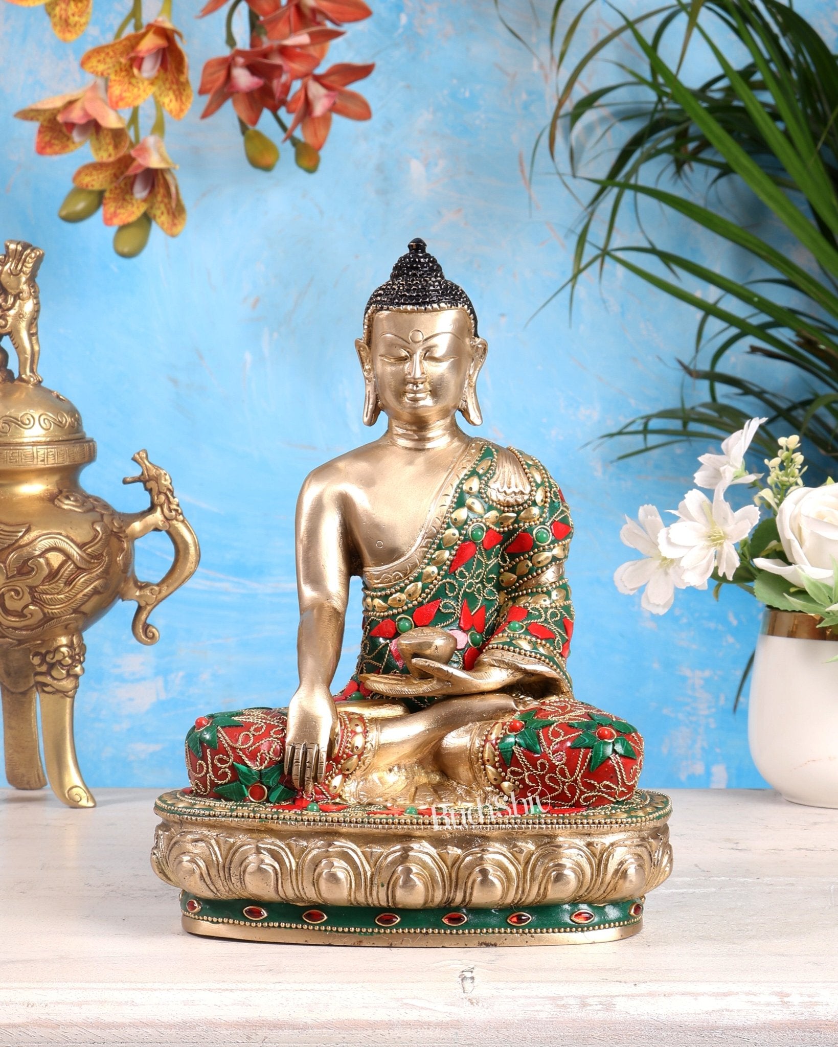 Brass Buddha statue - 9.5 Inch with meenakari - Budhshiv.com