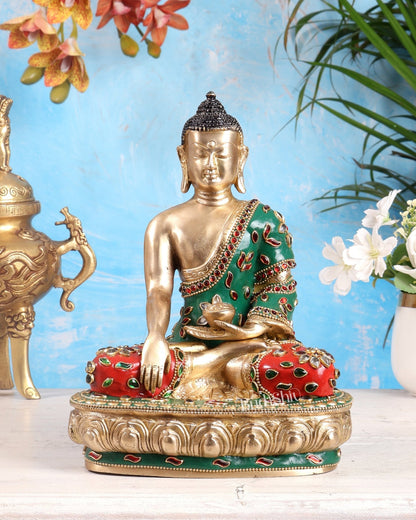 Brass Buddha statue - 9.5 Inch with meenakari - Budhshiv.com