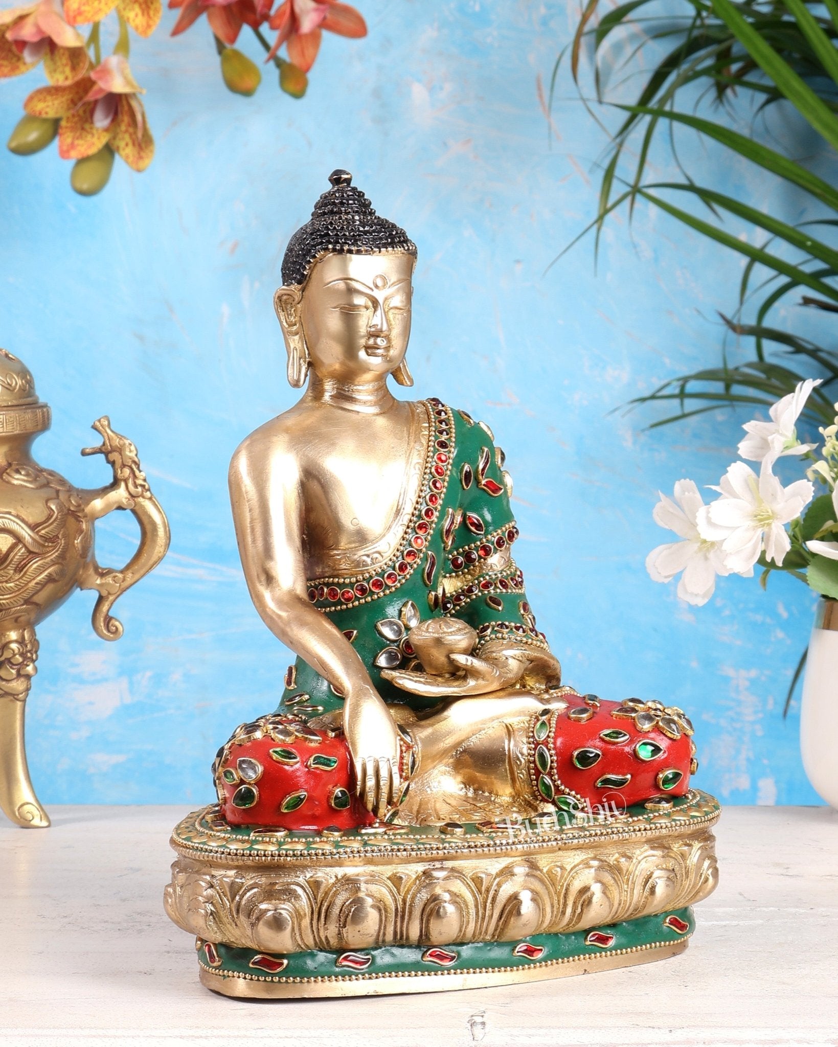 Brass Buddha statue - 9.5 Inch with meenakari - Budhshiv.com