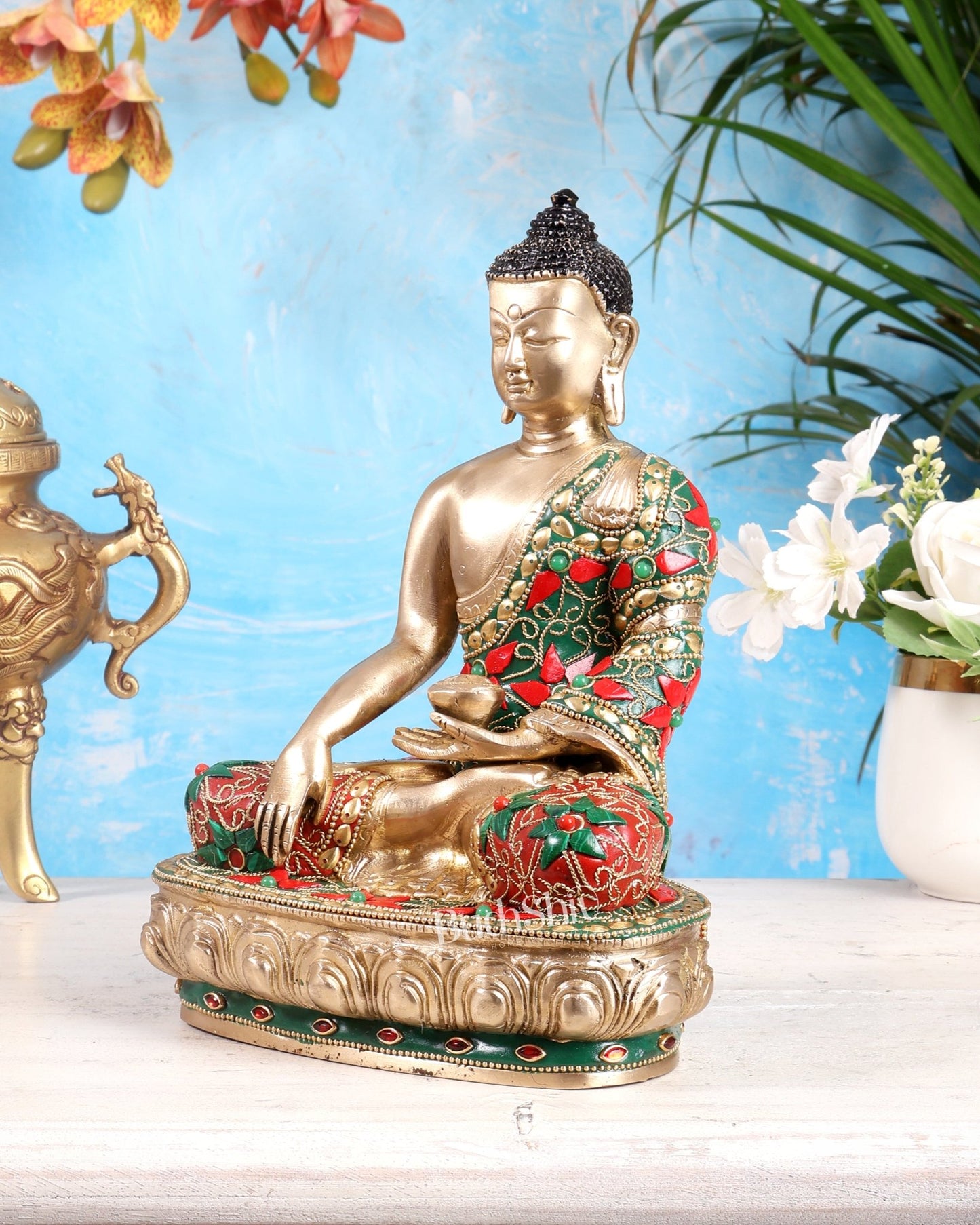 Brass Buddha statue - 9.5 Inch with meenakari - Budhshiv.com