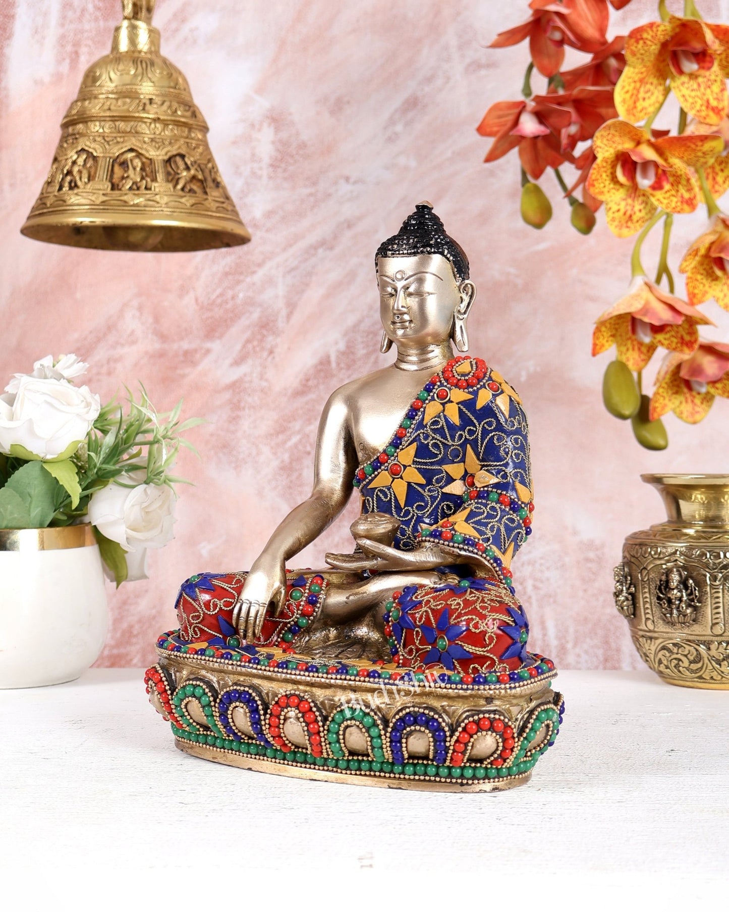 Brass Buddha statue bhoomisparsha - 9.5 Inch with meenakari - Budhshiv.com
