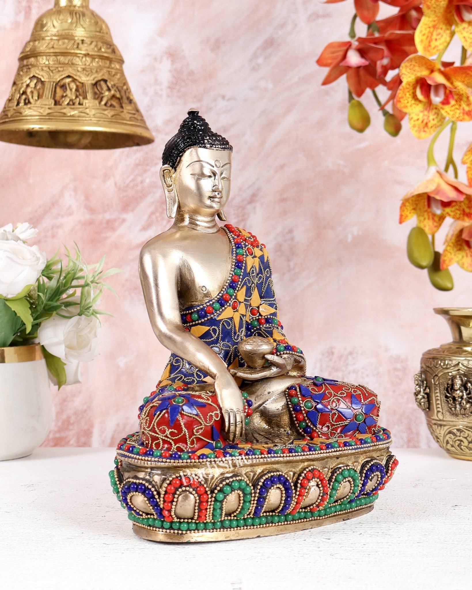 Brass Buddha statue bhoomisparsha - 9.5 Inch with meenakari - Budhshiv.com