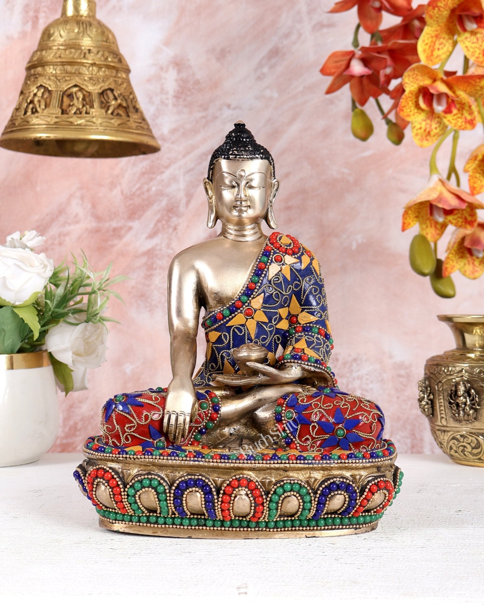 Brass Buddha statue bhoomisparsha - 9.5 Inch with meenakari - Budhshiv.com
