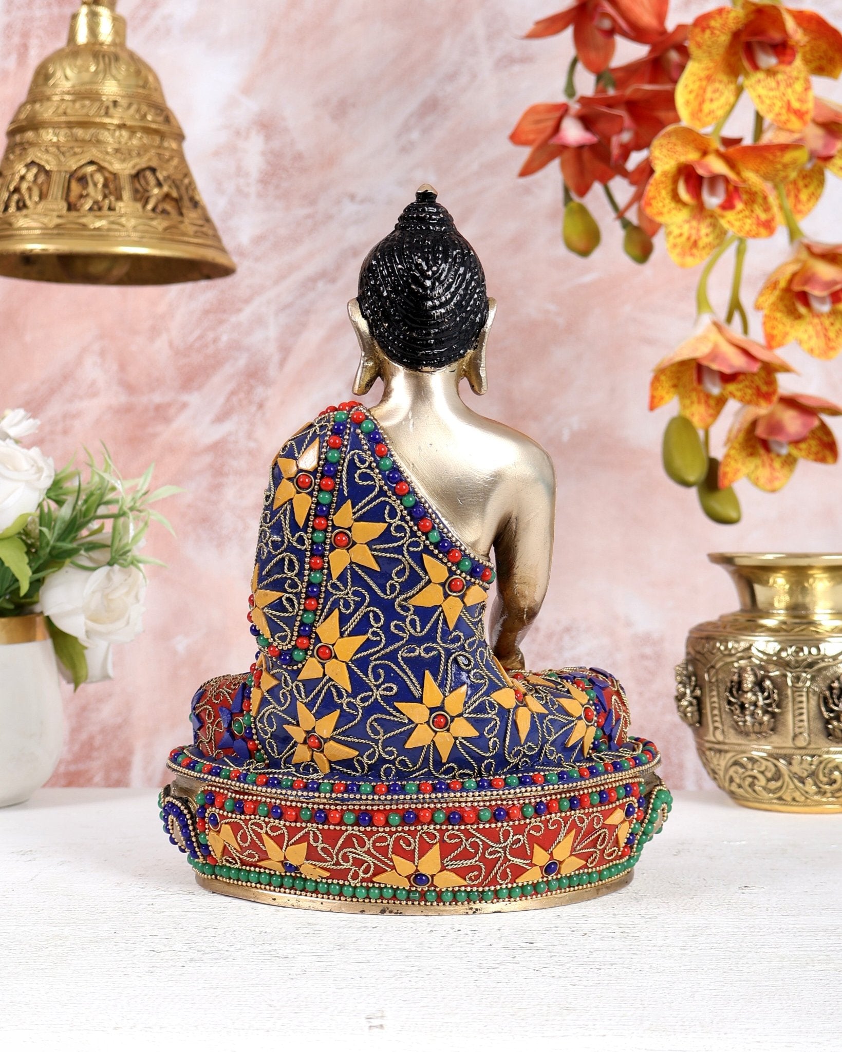 Brass Buddha statue bhoomisparsha - 9.5 Inch with meenakari - Budhshiv.com