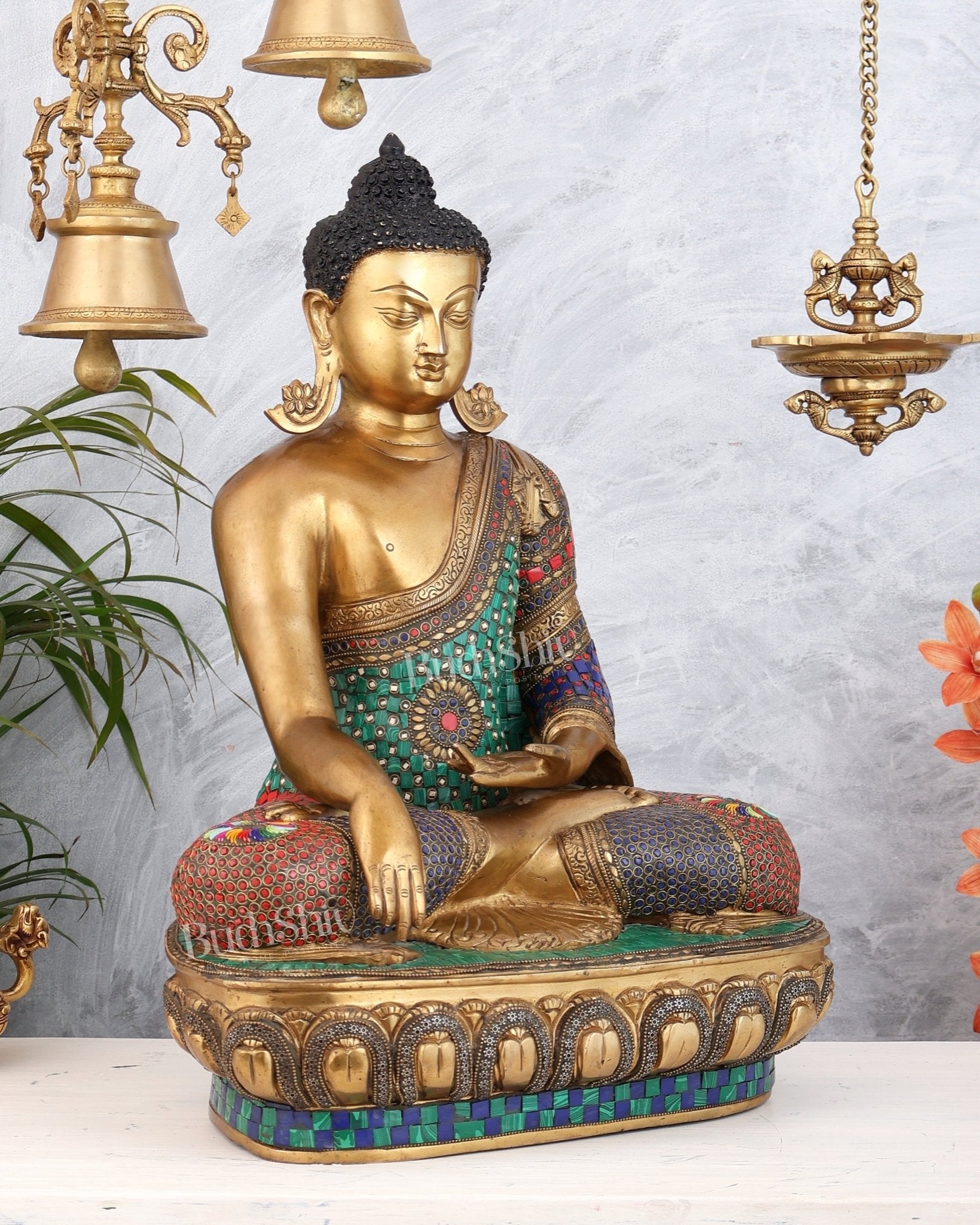 Brass Buddha Statue Bhoomisparsha Mudra | 23" Tall with stonework - Budhshiv.com