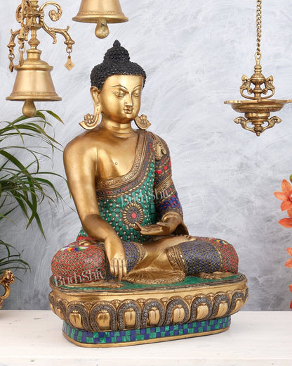 Brass Buddha Statue Bhoomisparsha Mudra | 23" Tall with stonework - Budhshiv.com