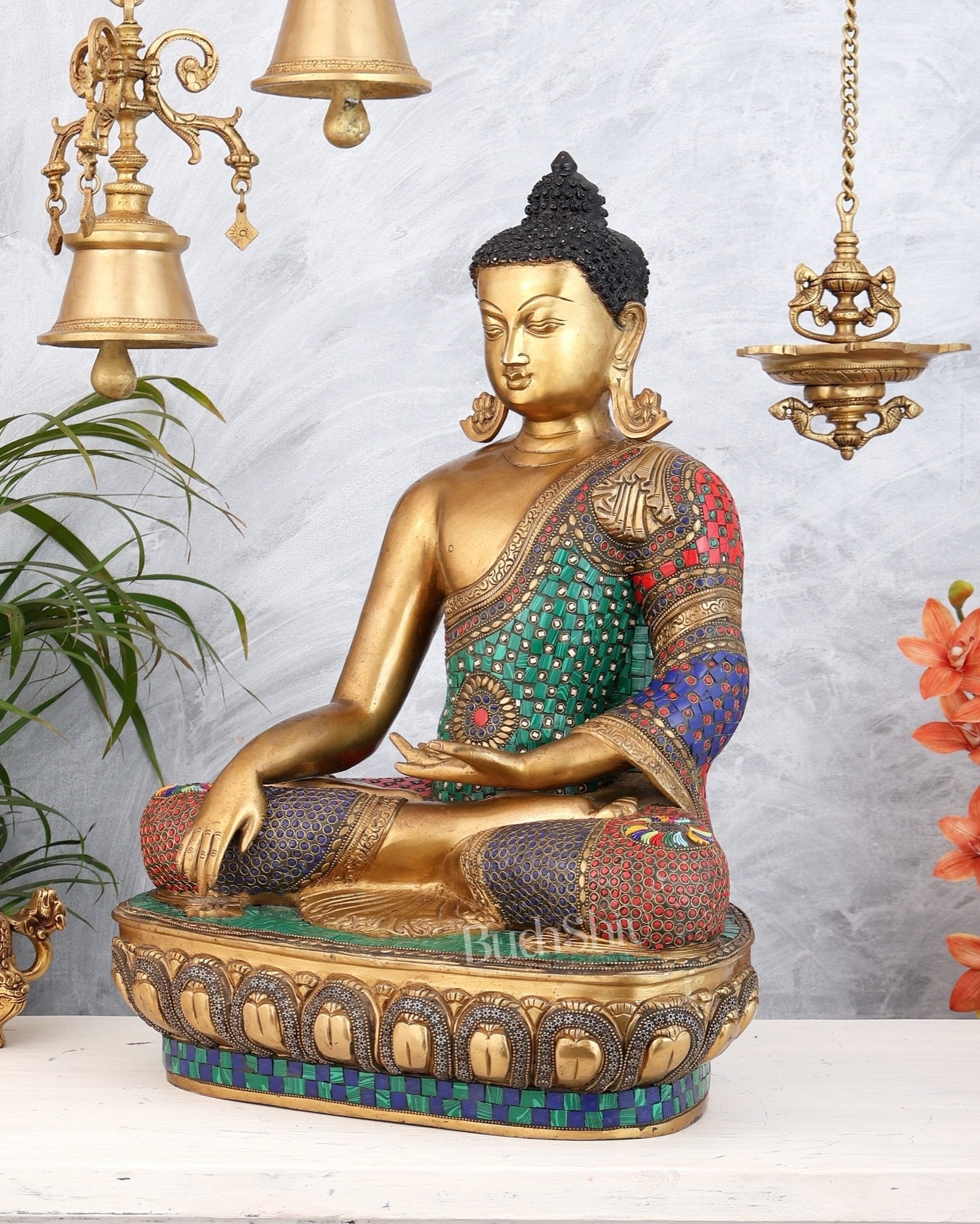 Brass Buddha Statue Bhoomisparsha Mudra | 23" Tall with stonework - Budhshiv.com