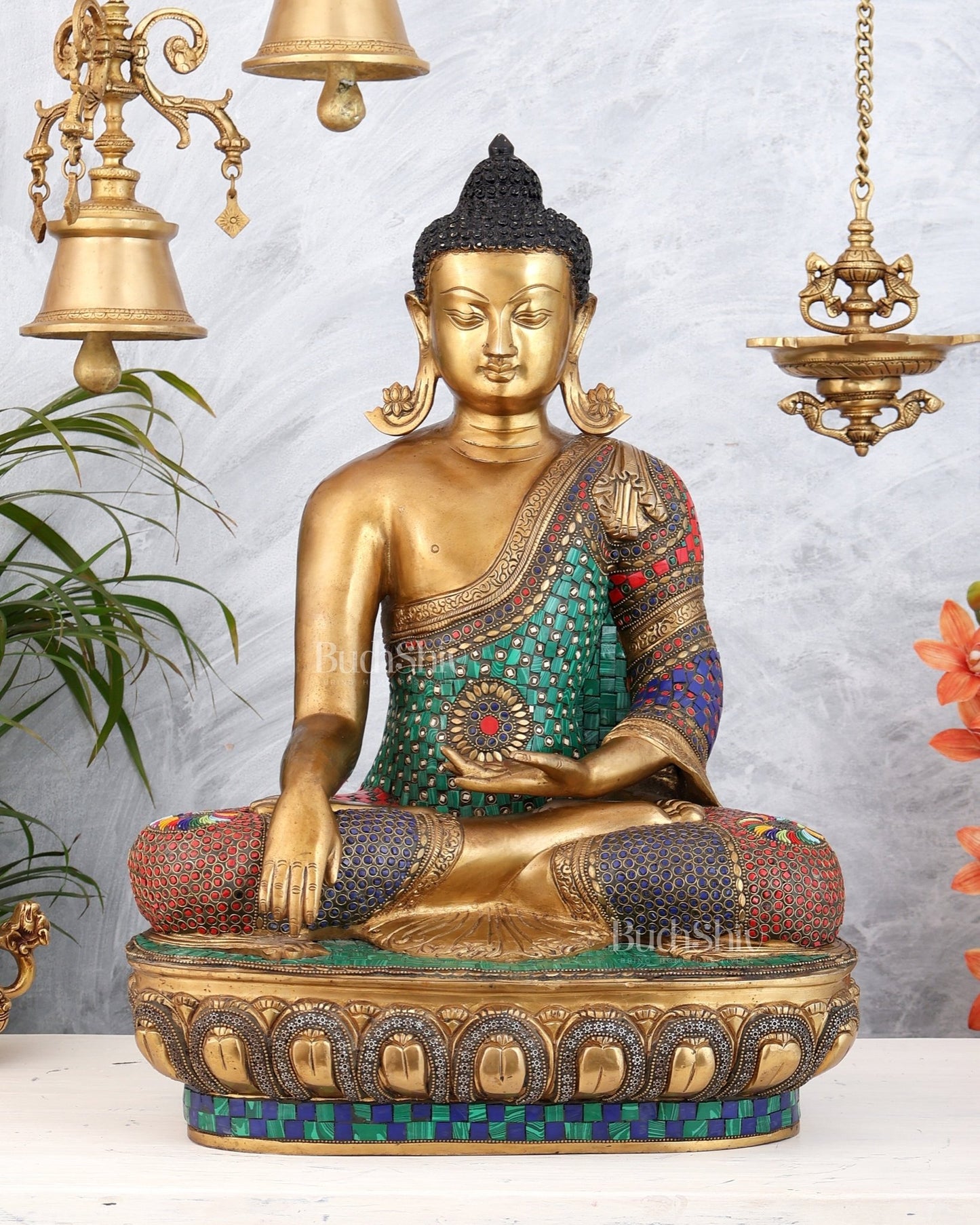Brass Buddha Statue Bhoomisparsha Mudra | 23" Tall with stonework - Budhshiv.com