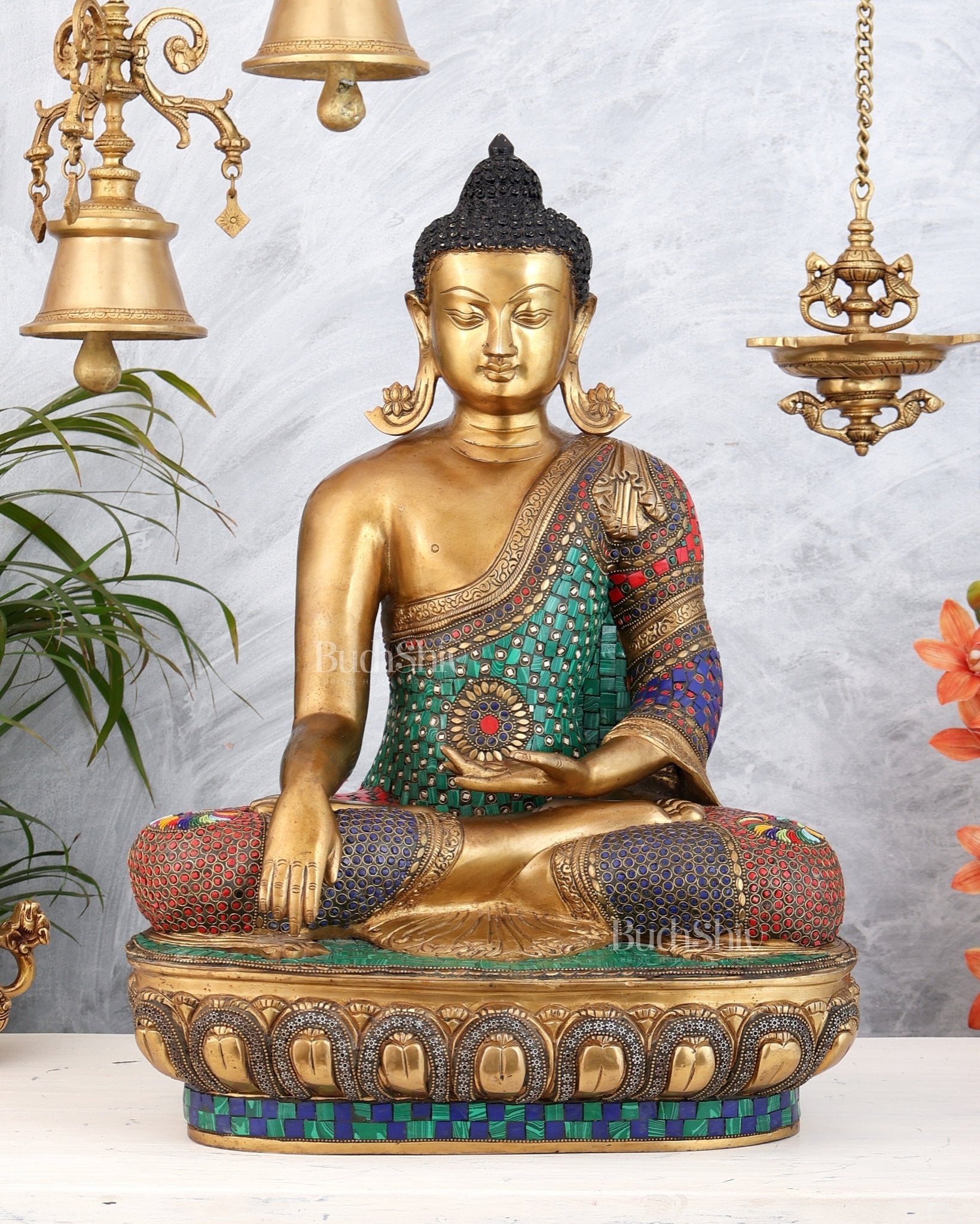 Brass Buddha Statue Bhoomisparsha Mudra | 23" Tall with stonework - Budhshiv.com