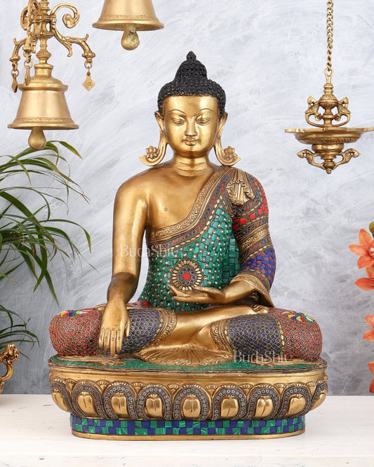 Brass Buddha Statue Bhoomisparsha Mudra | 23" Tall with stonework - Budhshiv.com