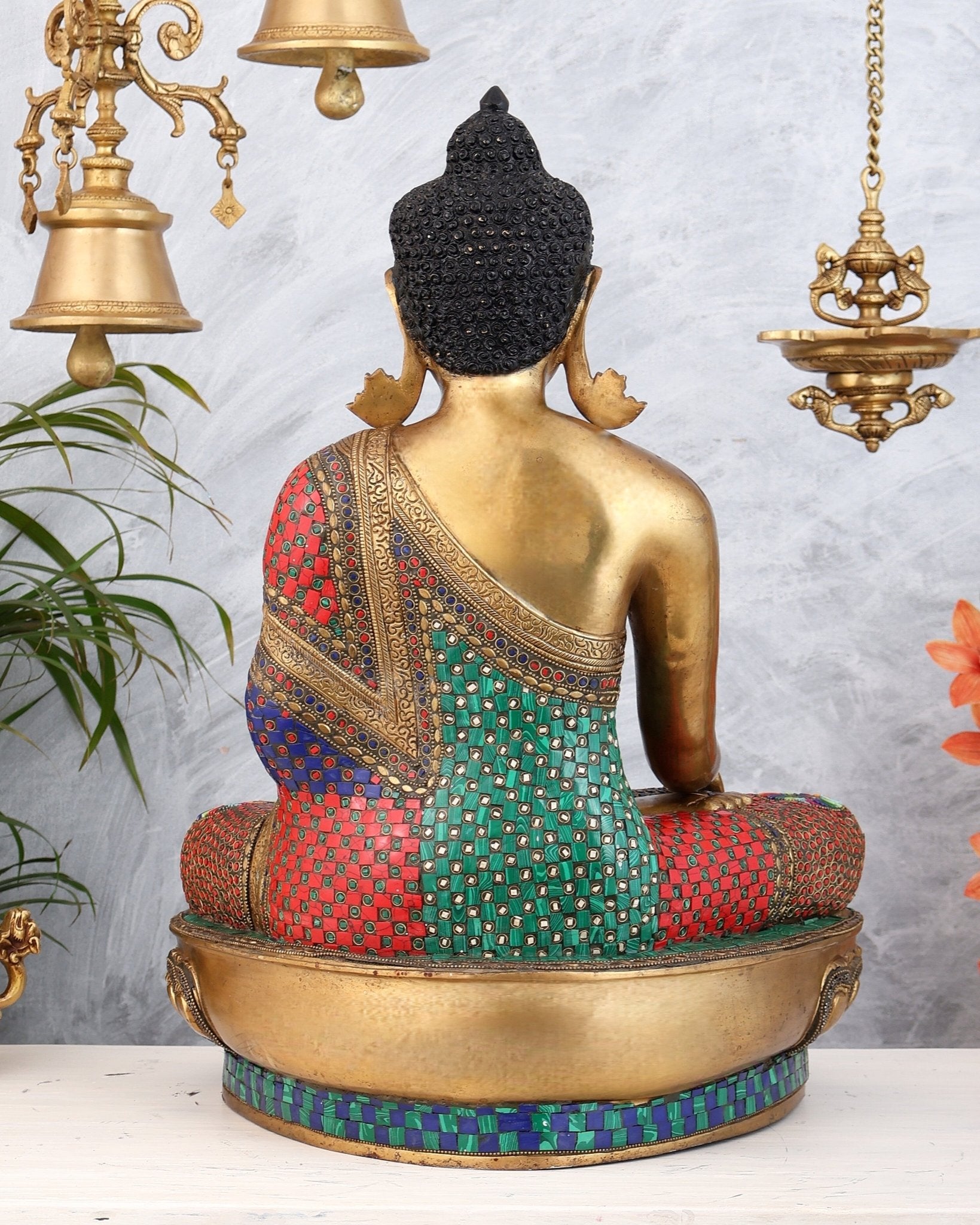 Brass Buddha Statue Bhoomisparsha Mudra | 23" Tall with stonework - Budhshiv.com