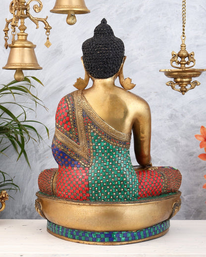 Brass Buddha Statue Bhoomisparsha Mudra | 23" Tall with stonework - Budhshiv.com