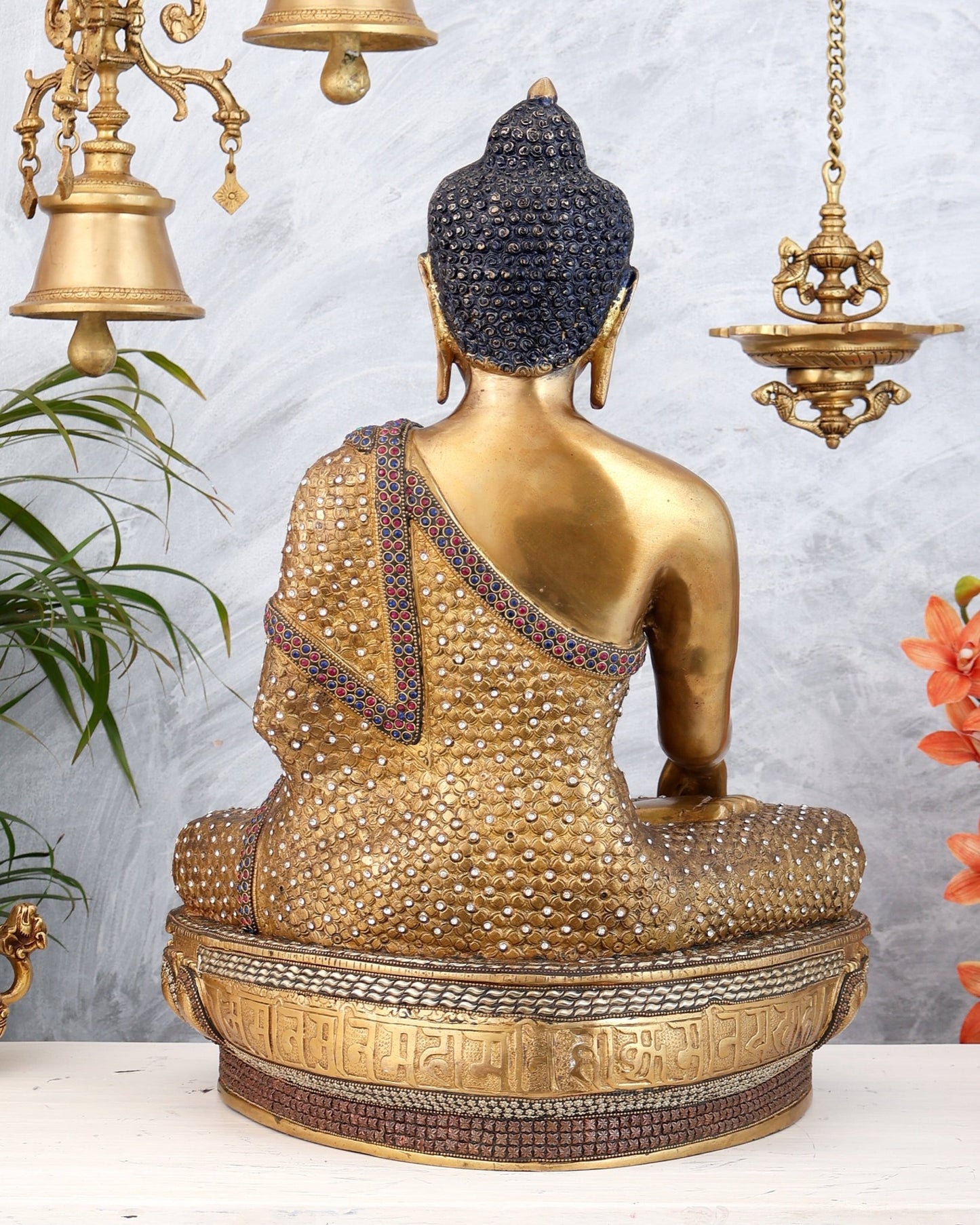 Brass Buddha Statue Bhumisparsha Mudra | 22" Tall | Nepalese inlay - Budhshiv.com