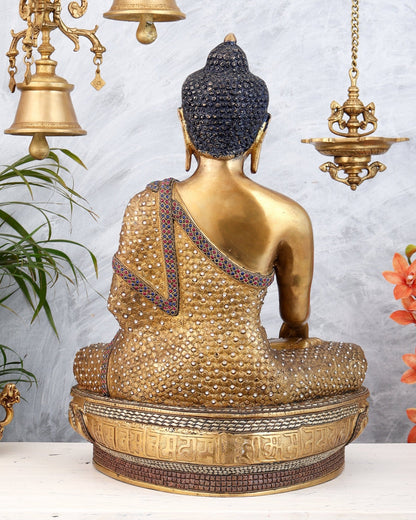 Brass Buddha Statue Bhumisparsha Mudra | 22" Tall | Nepalese inlay - Budhshiv.com