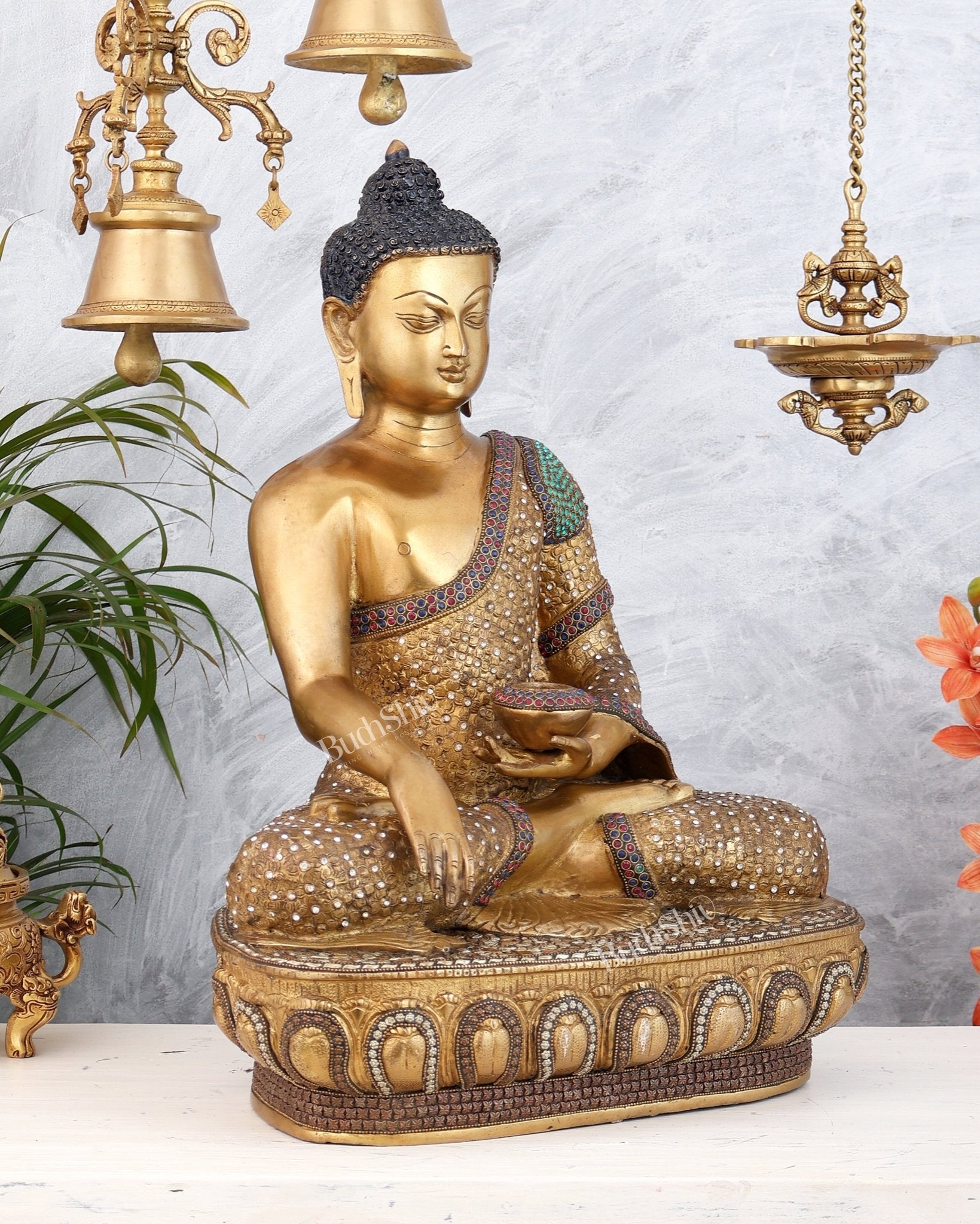 Brass Buddha Statue Bhumisparsha Mudra | 22" Tall | Nepalese inlay - Budhshiv.com