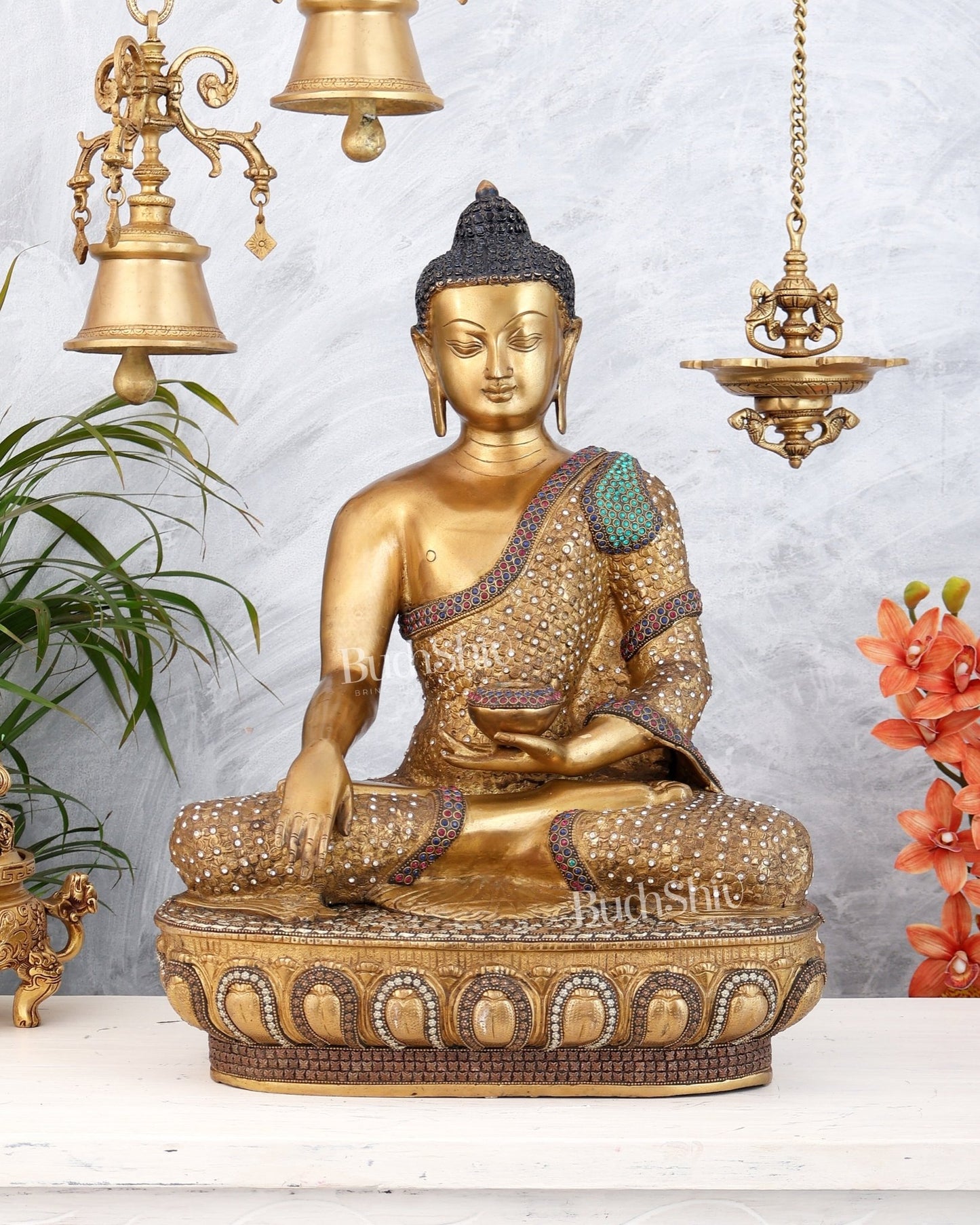 Brass Buddha Statue Bhumisparsha Mudra | 22" Tall | Nepalese inlay - Budhshiv.com