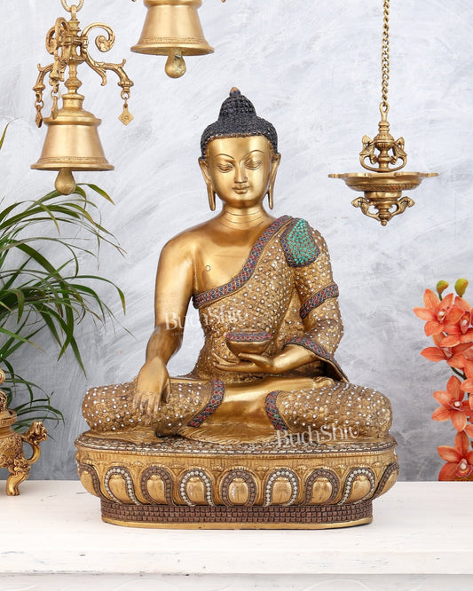 Brass Buddha Statue Bhumisparsha Mudra | 22" Tall | Nepalese inlay - Budhshiv.com