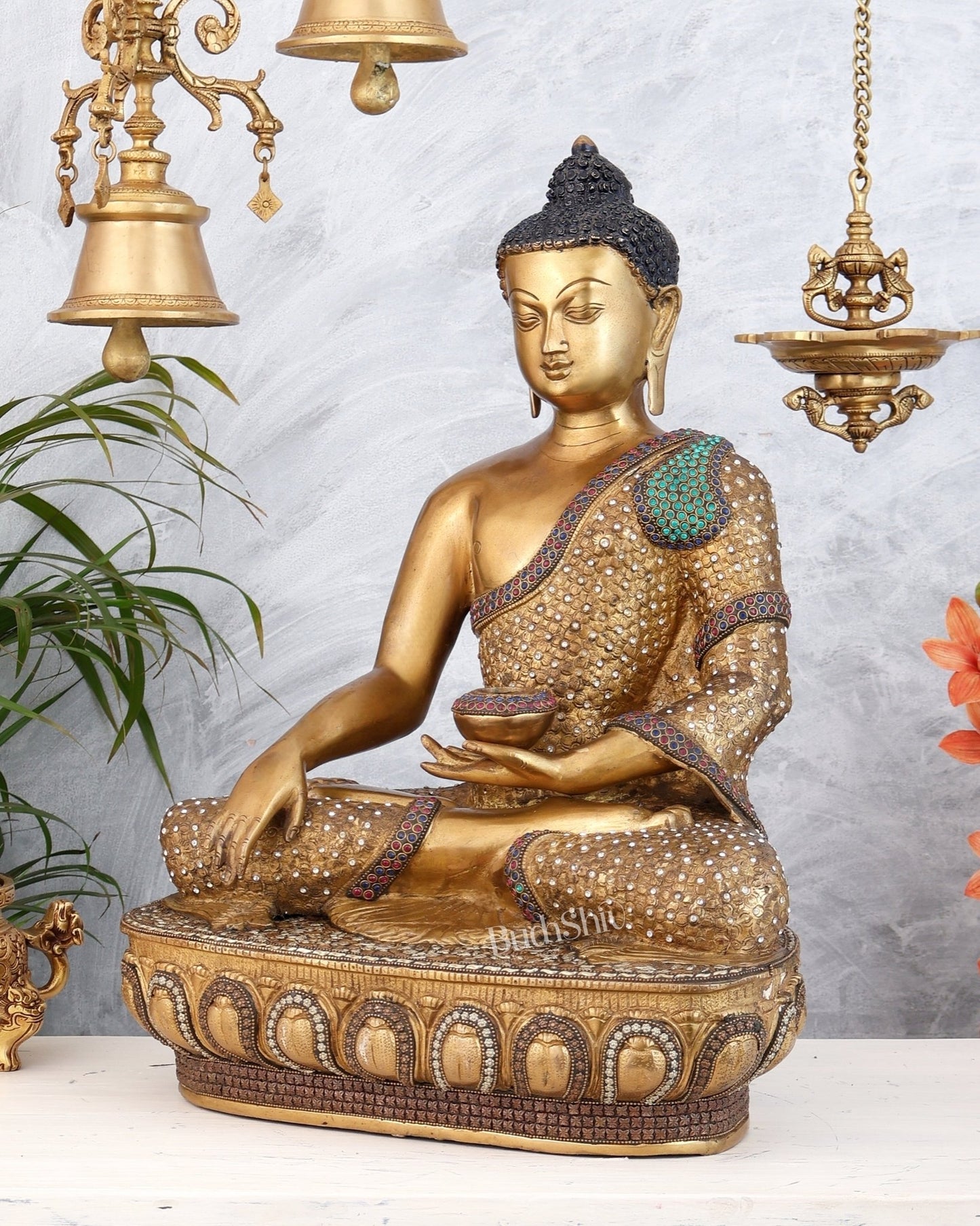 Brass Buddha Statue Bhumisparsha Mudra | 22" Tall | Nepalese inlay - Budhshiv.com