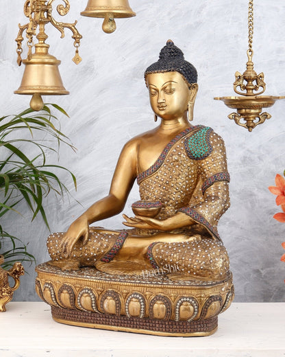 Brass Buddha Statue Bhumisparsha Mudra | 22" Tall | Nepalese inlay - Budhshiv.com