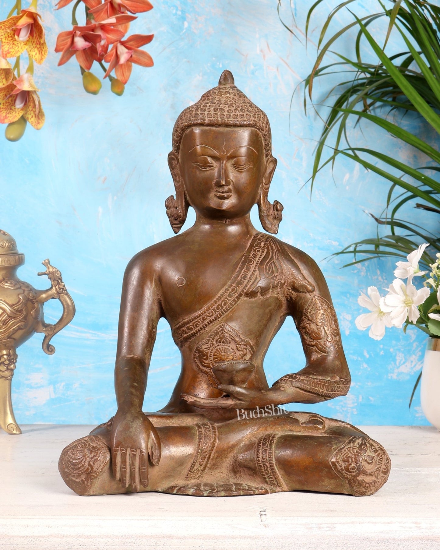 Brass Buddha Statue – Copper Tone Spiritual Artefact 12 inch - Budhshiv.com